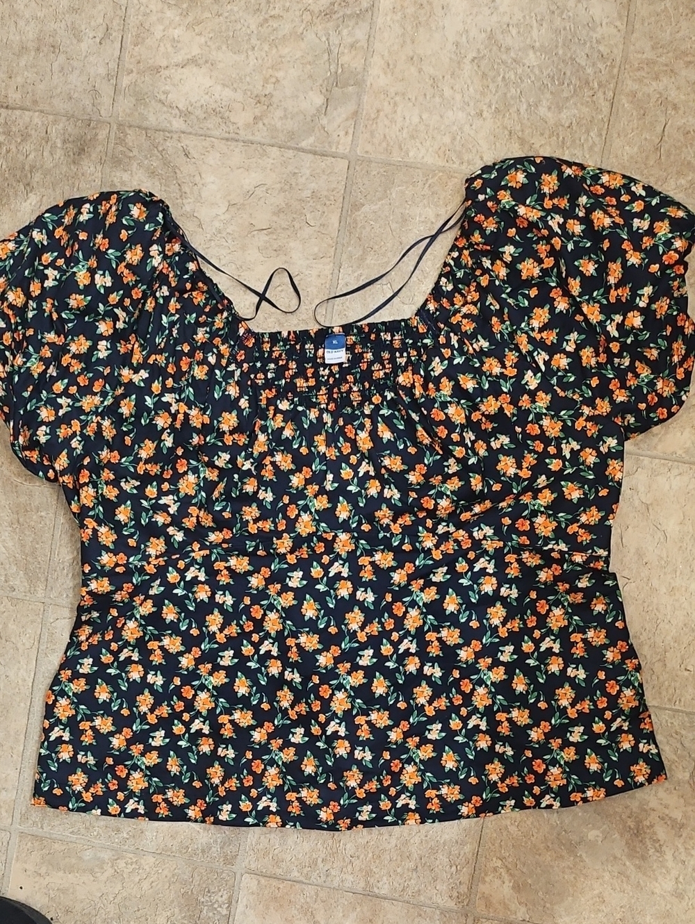 Old Navy Black Floral Puff-Sleeve Top with Orange Blossoms
